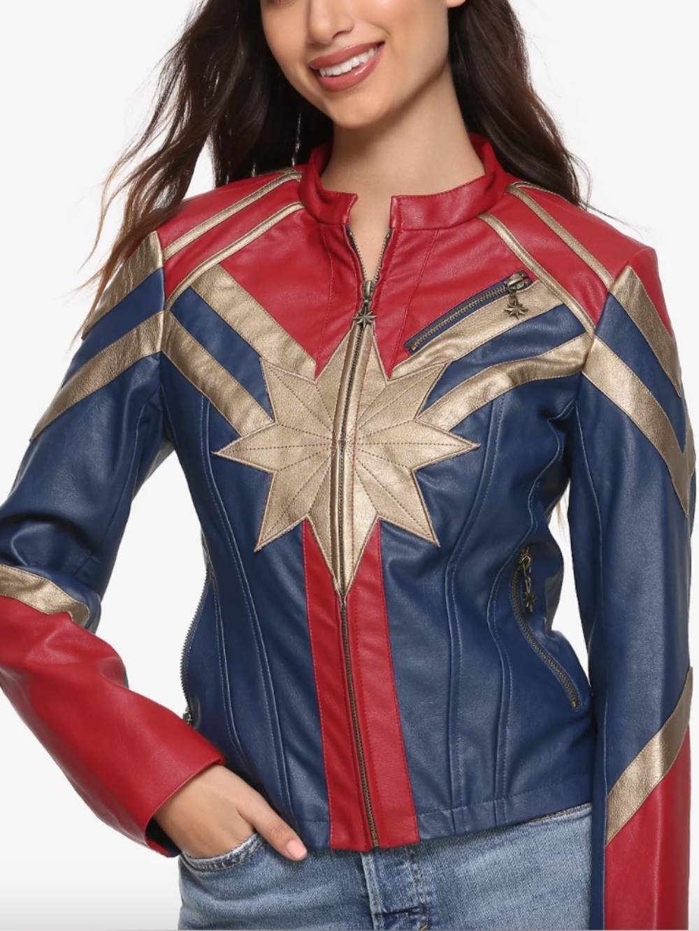 Her Universe Marvel Captain Marvel Faux Leather Jacket - XL blue red gold